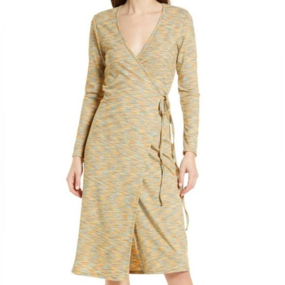 Lisa Says Gah Lucille Wrap Midi Dress Golden Hour Multicolor Zigzag Knit NWT M